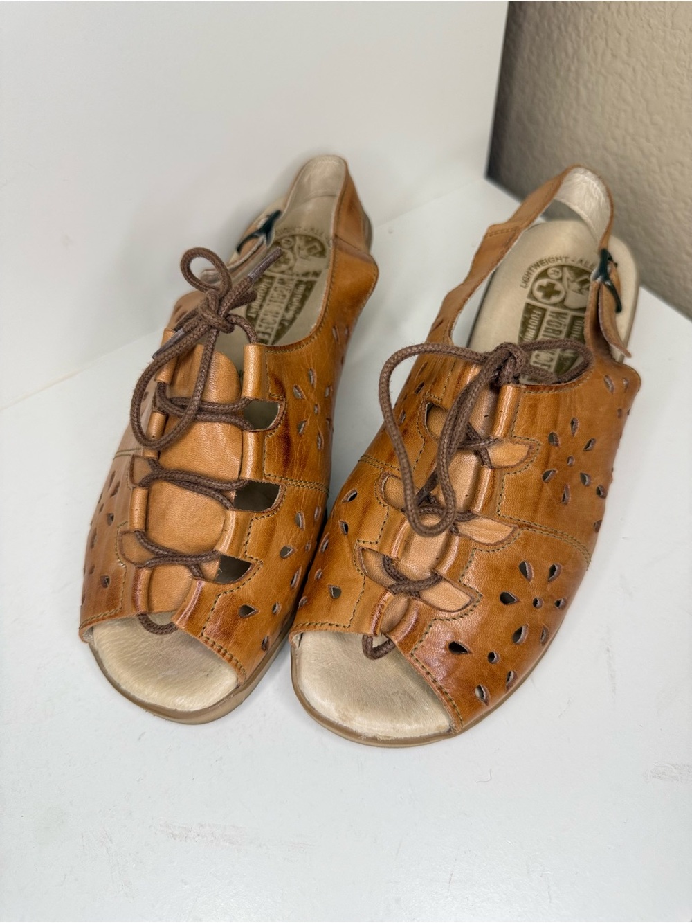 Vintage Worishofer West Germany Tan Leather Lace Up Wedge Sandals EU 37 Boho - Picture 2 of 8